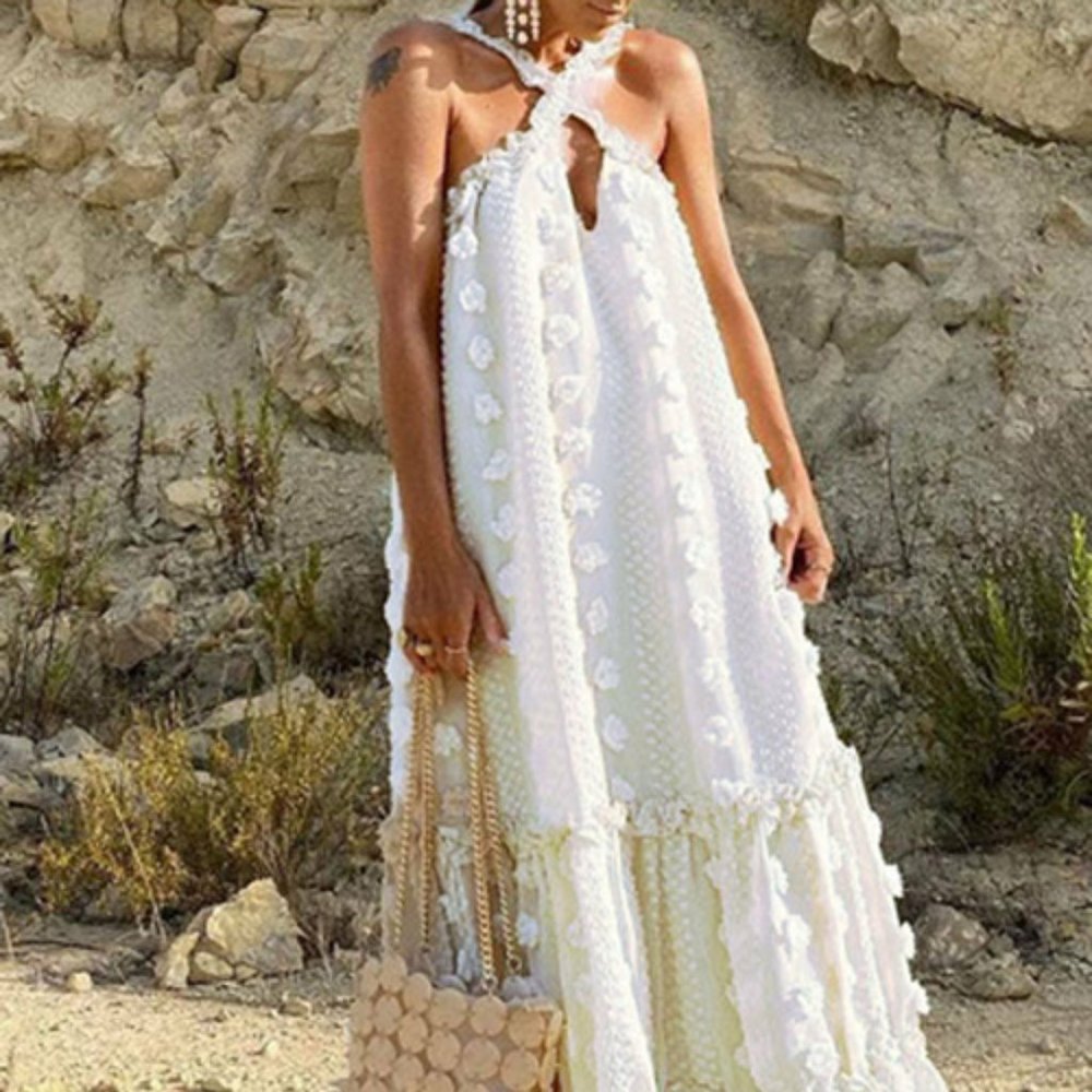 Solid Ball Tassel Party Dress Hollow Cross Halter Beach Dress